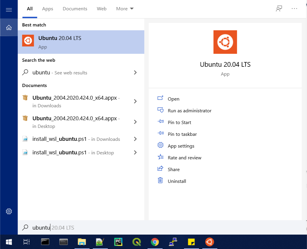 the Windows Start menu with ``Ubuntu`` in the search box; the top result is ``Ubuntu 20.04 LTS``